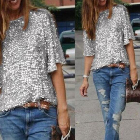 H&M sequin top boho cocktail SMALL EUC hi-low cream - Picture 2 of 8